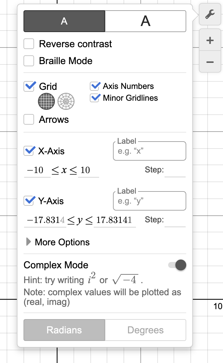 Image of Desmos settings panel with Complex Mode enabled